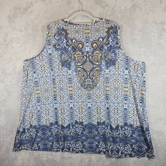 Catherines Womens 26 Blue  Yellow geometric Top With Embellished Beachy Casual - Picture 2 of 10